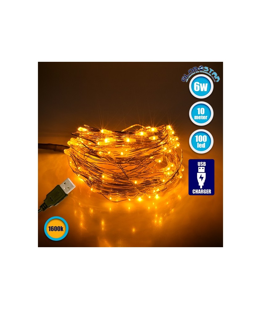 79712 Διακοσμητική Γιρλάντα 10 Μέτρων 100 LED USB 5 Volt 6 Watt με Χάλκινο Συρμάτινο Καλώδιο Θερμό Λευκό 1600K